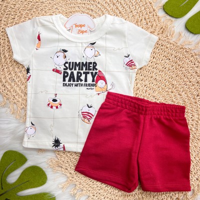 Conj. Camiseta Summer Party e Bermuda - Off White e Vermelho